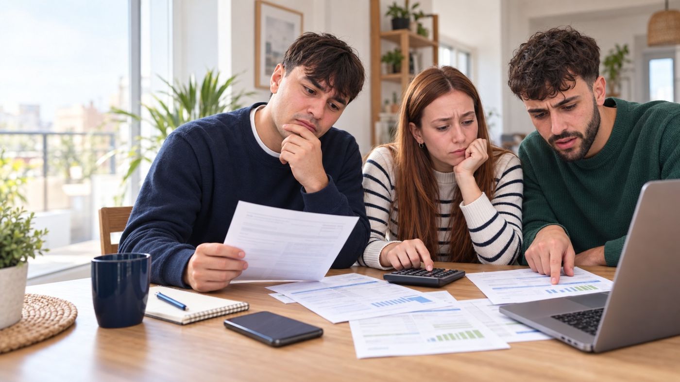 Tres personas revisando juntas las facturas de casa, con una calculadora y el ordenador